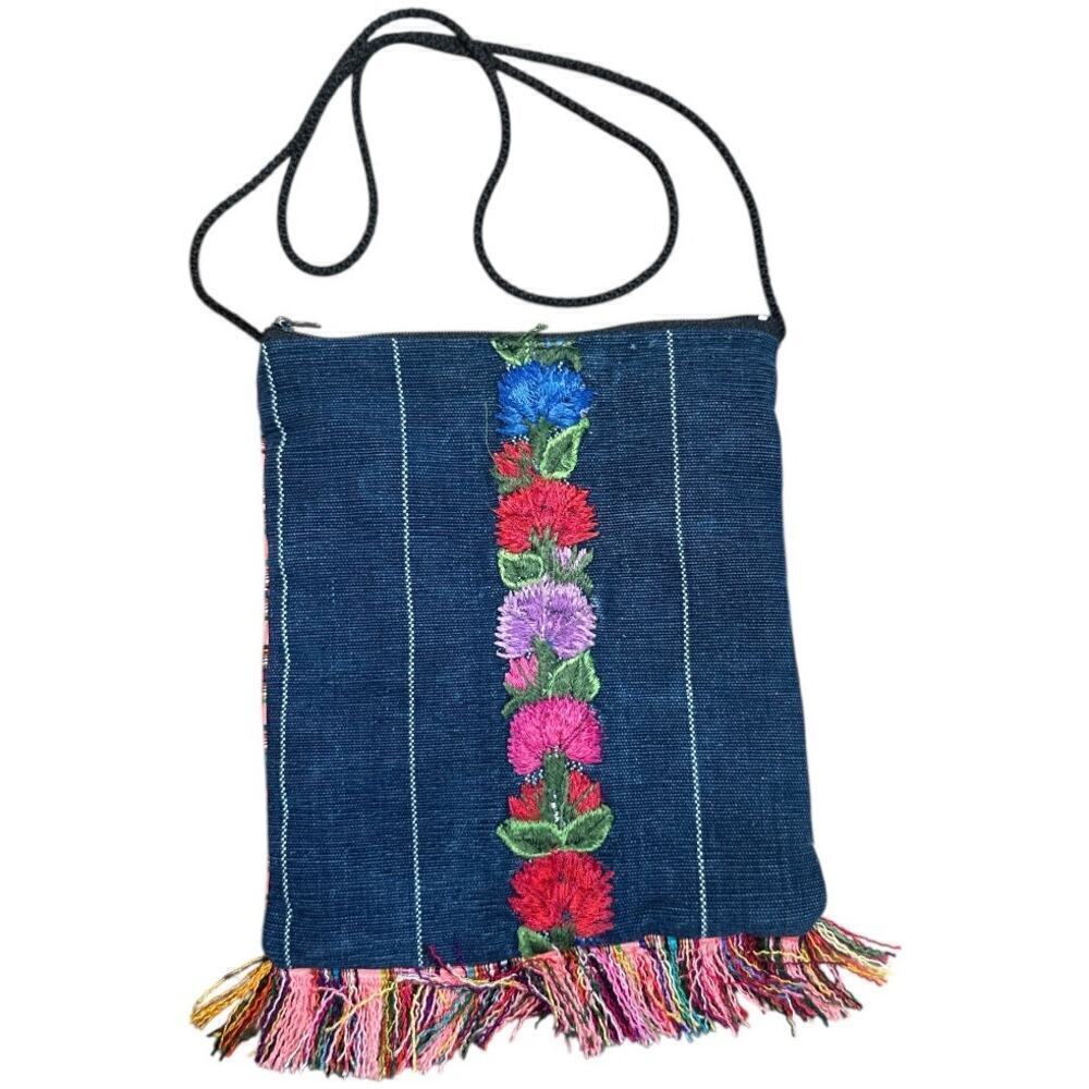 Pink Multicolor Flower Embroidery Fringe & Zip Closure Crossbody Bag 7.5" x 8.5" - Picture 3 of 5